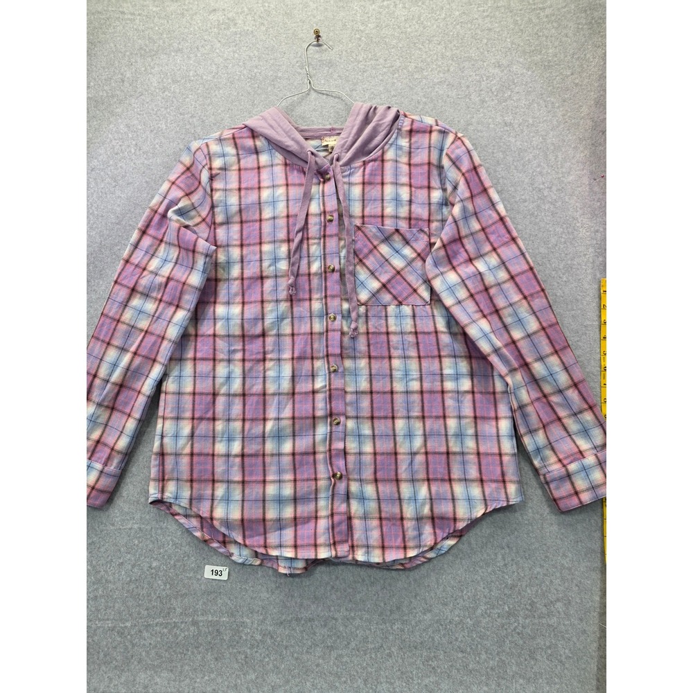 Pastel Plaid Hooded Button Down Shirt Pink Purple Blue Style 30985 Womens XL